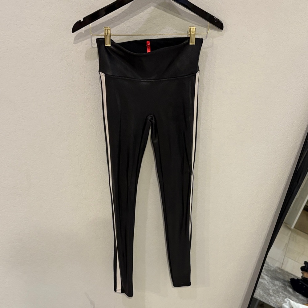 SPANX Black Leggings with Cream Stripes